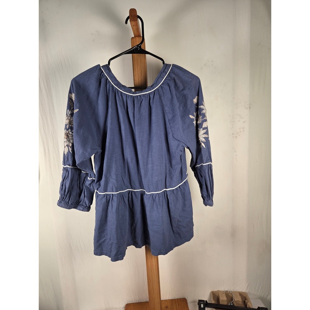 Cupio Blue Cotton Embroidered Peplum Top V-Neck 3/4 Sleeve Boho Blouse Medium - Picture 2 of 6